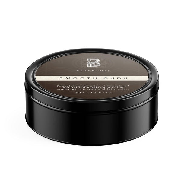 A round black container with a brown label and lid, showcasing the Black Cherry beard wax. Enhance your grooming routine with this irresistible scent, formulated with nourishing oils for softening the beard, reducing wrinkles, and stimulating cell regeneration. Perfect for a glamorous, chic lifestyle. Choose Your Beard Wax (50ML).