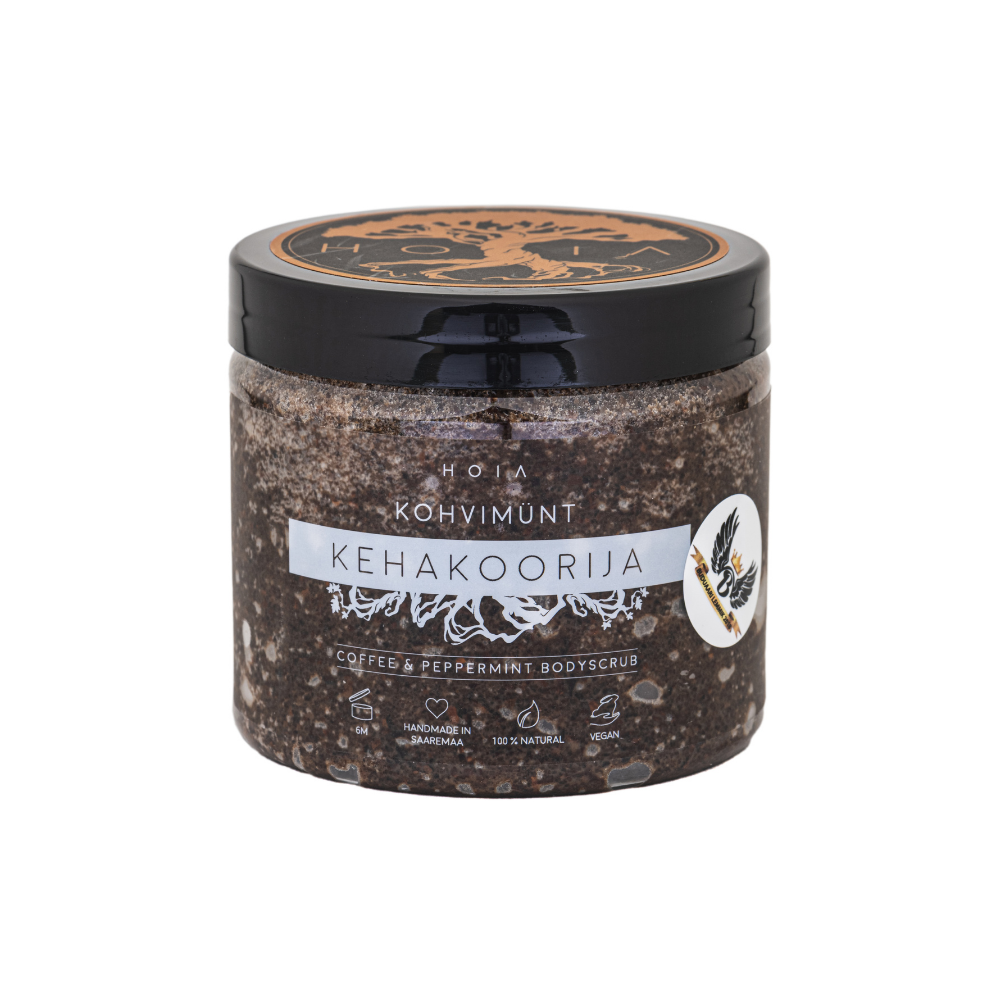 A jar of invigorating coffee and peppermint body scrub, rich in shea butter and coconut oil. Removes dead skin cells and leaves skin soft and moisturized. Size: 200 ml.