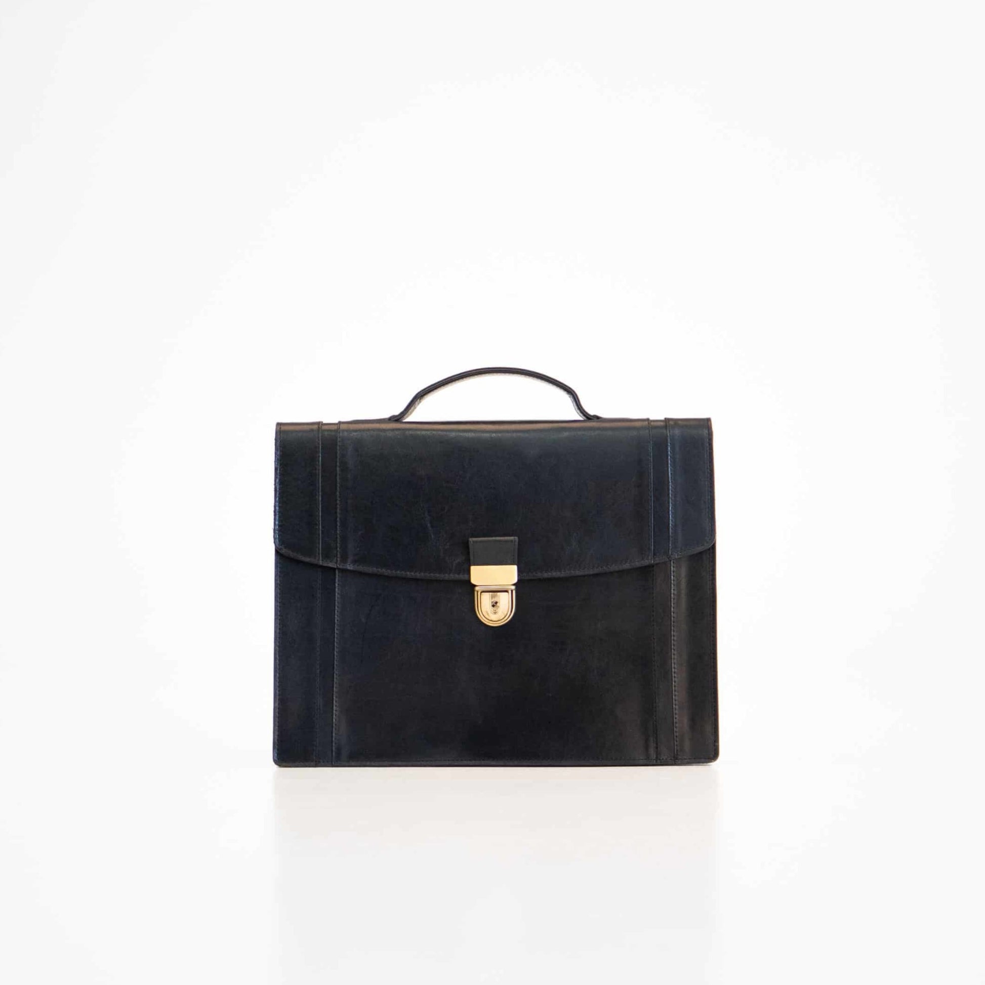 Genuine Leather Briefcase - 1 Compartment - Black: A sleek black briefcase with a handle and gold clasp, perfect for professionals on the go.