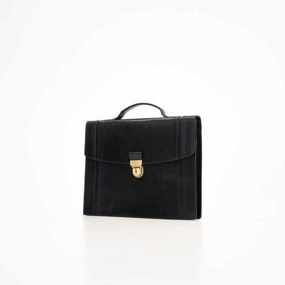 Genuine Leather Briefcase - 1 Compartment - Black: A sophisticated black briefcase with a gold lock, crafted from genuine leather. Perfect for professional use, with ample storage, zippered pockets, and a sleek design. Elevate your style and stay organized on the go.