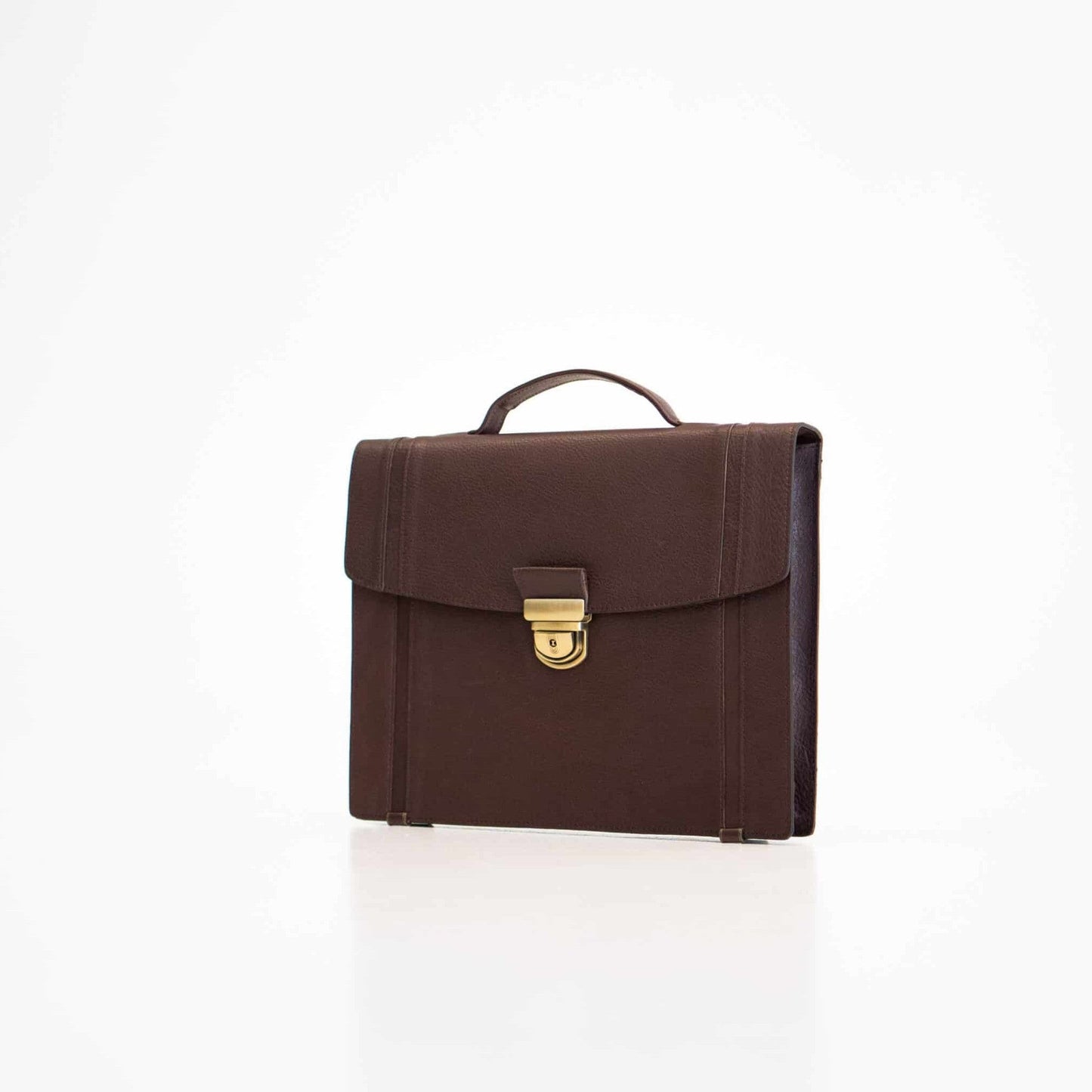 Genuine Leather Briefcase - 1 Compartment - Dark Brown with gold buckle, handle, and ample storage, crafted for style and functionality.