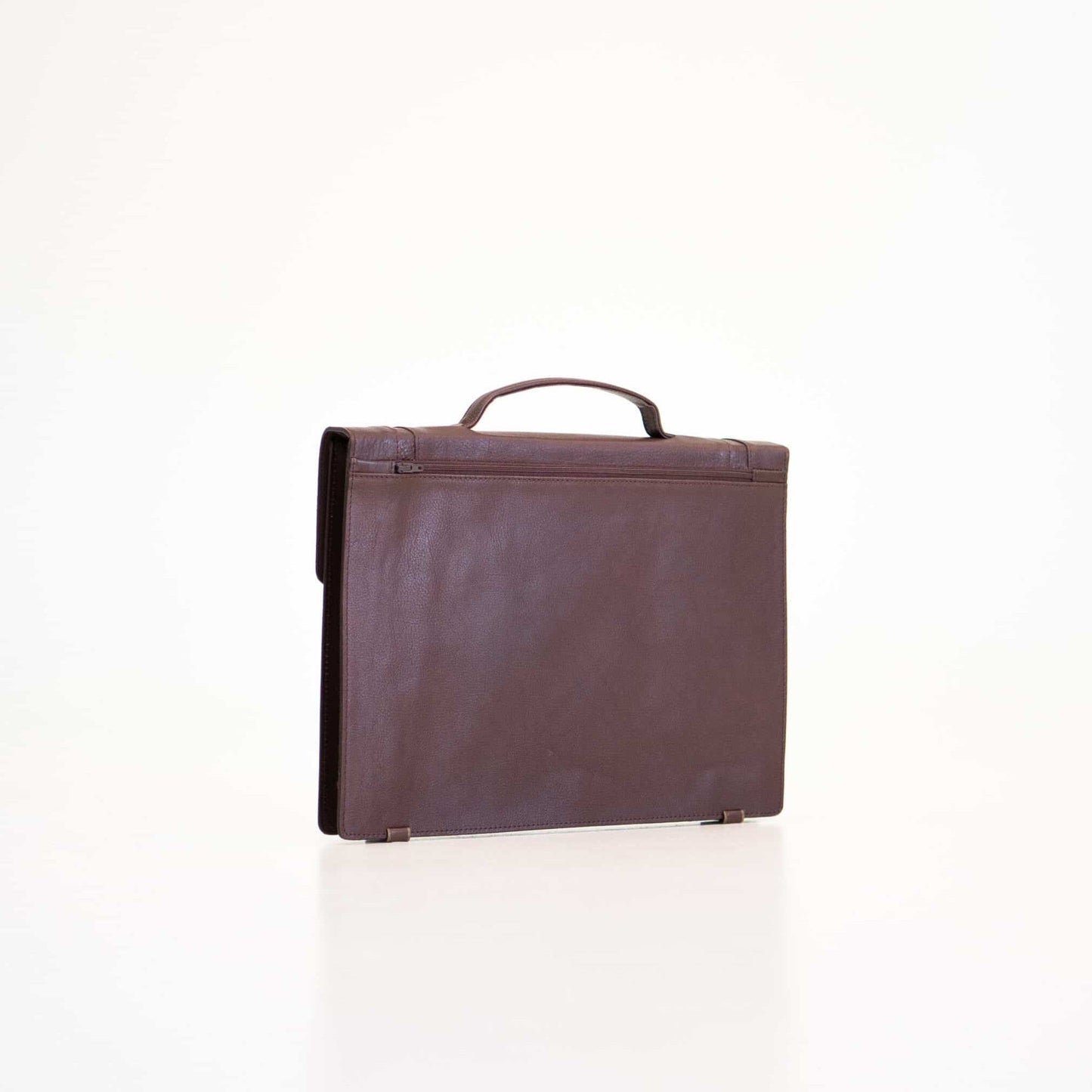 Genuine Leather Briefcase with handle, featuring a large compartment and zippered pockets, designed for professional use.