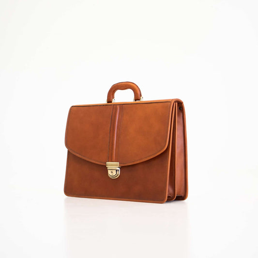 Genuine Leather Briefcase - 2 Compartments - Cognac, featuring sturdy handle, metal clasp, and spacious design for professional use.