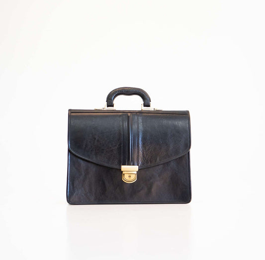 Genuine Leather Briefcase - 3 Compartments - Black, featuring a sleek design with a handle and gold clasp, ideal for professional use.