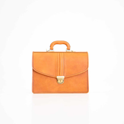 Genuine Leather Briefcase - 3 Compartments - Cognac, featuring a sleek design with a handle and lock, ideal for professional organization and style.