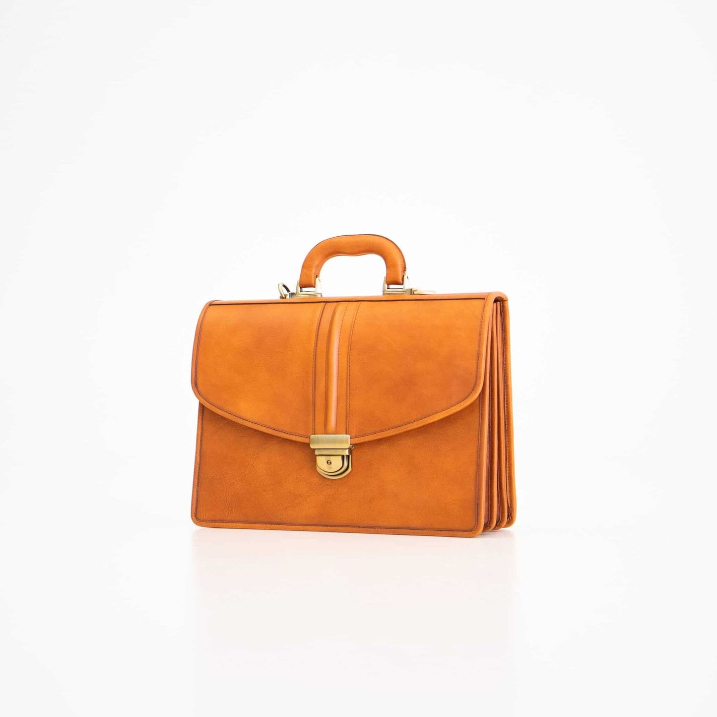 Genuine Leather Briefcase - 3 Compartments - Cognac with handle, showcasing craftsmanship and functionality, ideal for professional use.