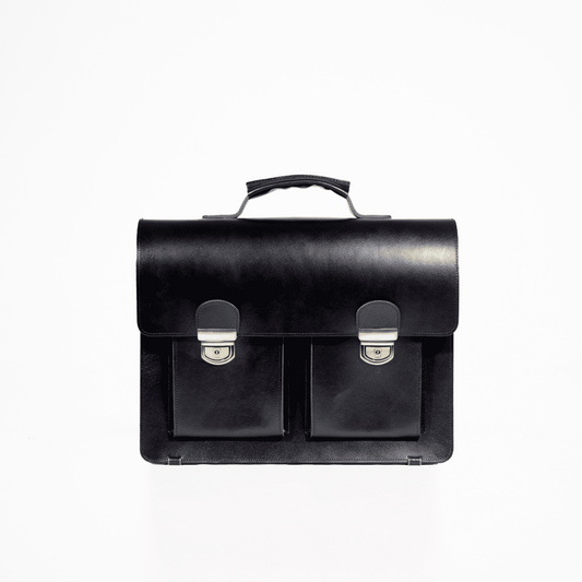 Genuine Thick Leather Briefcase - Black: A durable black briefcase with two pockets, perfect for laptops and notebooks. Elevate your style and functionality with this timeless accessory from Men In Style.