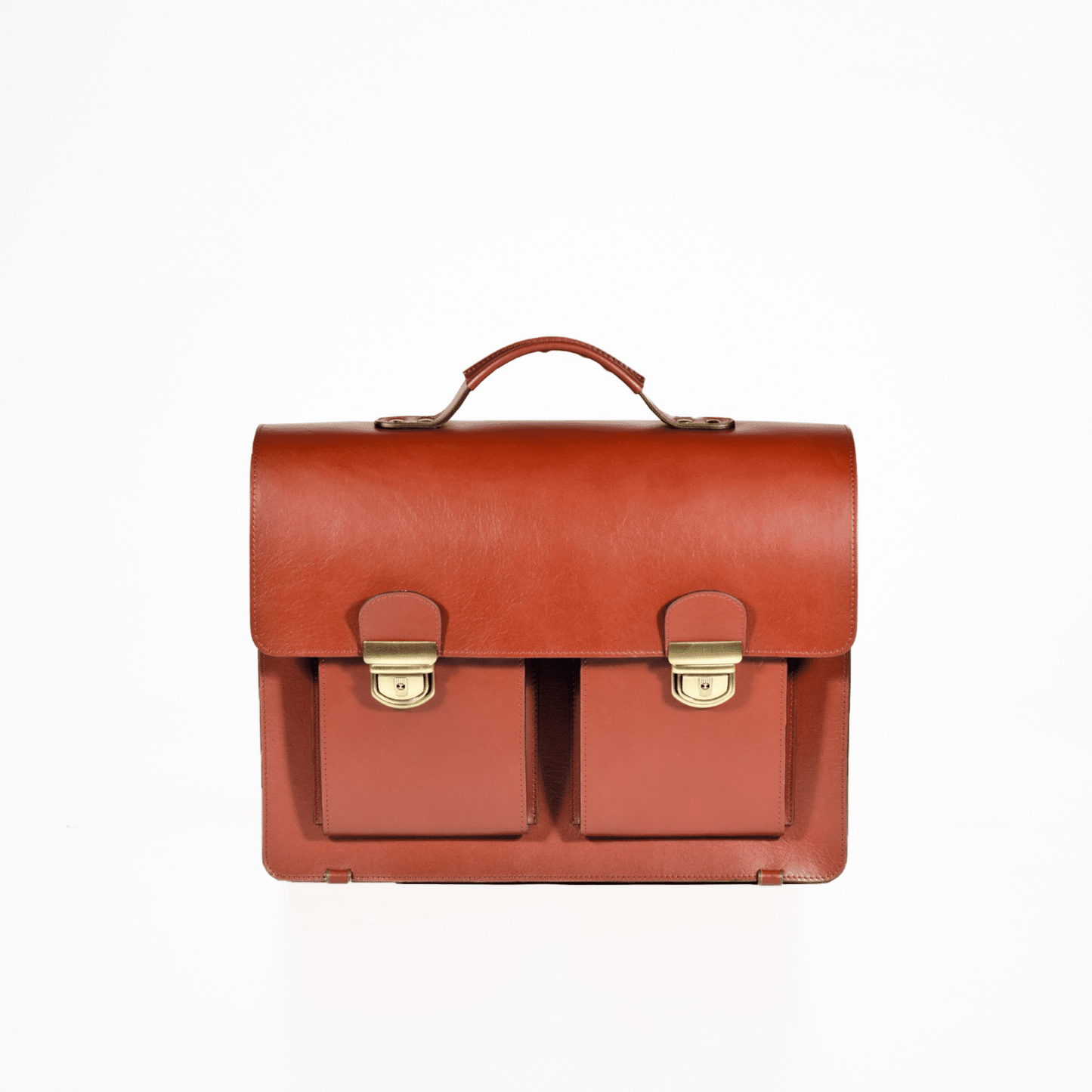 A red leather briefcase with two compartments, featuring a lock and a leather handle. Perfect for elevating your style and functionality.