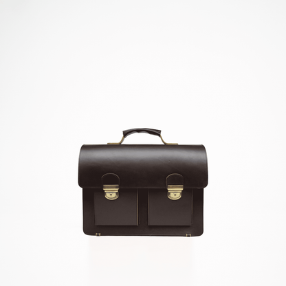 A Genuine Thick Leather Briefcase - Dark Brown, featuring two compartments and pockets for laptop, notebook, and iPad. Includes carabiner, pen holders, and adjustable shoulder strap. Crafted with durable, vegetable-tanned leather for timeless elegance. Perfect for elevating your style and functionality.