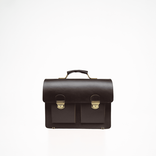 A Genuine Thick Leather Briefcase - Dark Brown, featuring two compartments and pockets for laptop, notebook, and iPad. Includes carabiner, pen holders, and adjustable shoulder strap. Crafted with durable, vegetable-tanned leather for timeless elegance. Perfect for elevating your style and functionality.