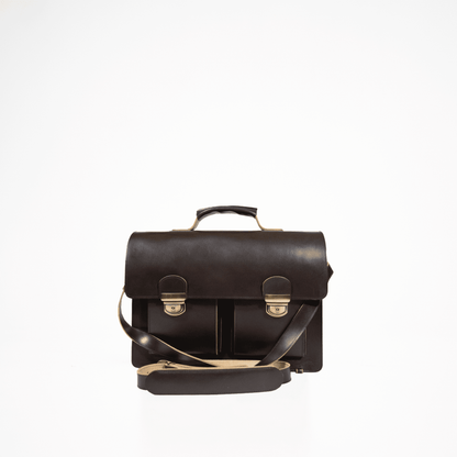 A Genuine Thick Leather Briefcase - Dark Brown, featuring a main compartment for a laptop and notebook, smaller pockets, and an adjustable shoulder strap. Elevate your style and functionality with this durable and elegant accessory from Men In Style.