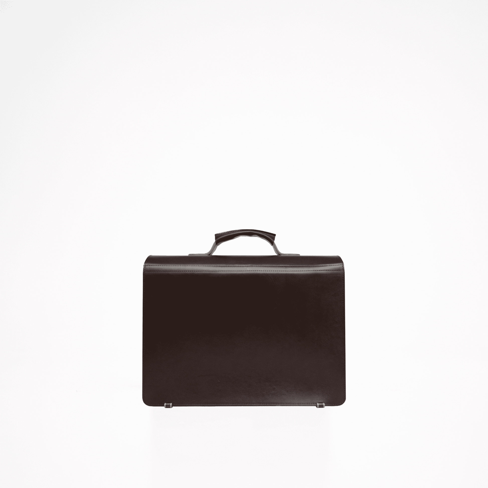 A black leather briefcase with a handle, featuring a main compartment for a laptop and a smaller pocket for a notebook or iPad. Two separate smaller pockets are located on the front of the bag. Comes with an adjustable leather shoulder strap. Crafted with durable, vegetable-tanned leather. Designed and produced in Europe with meticulous craftsmanship. Dimensions: 40.5 cm x 32 cm x 15 cm.