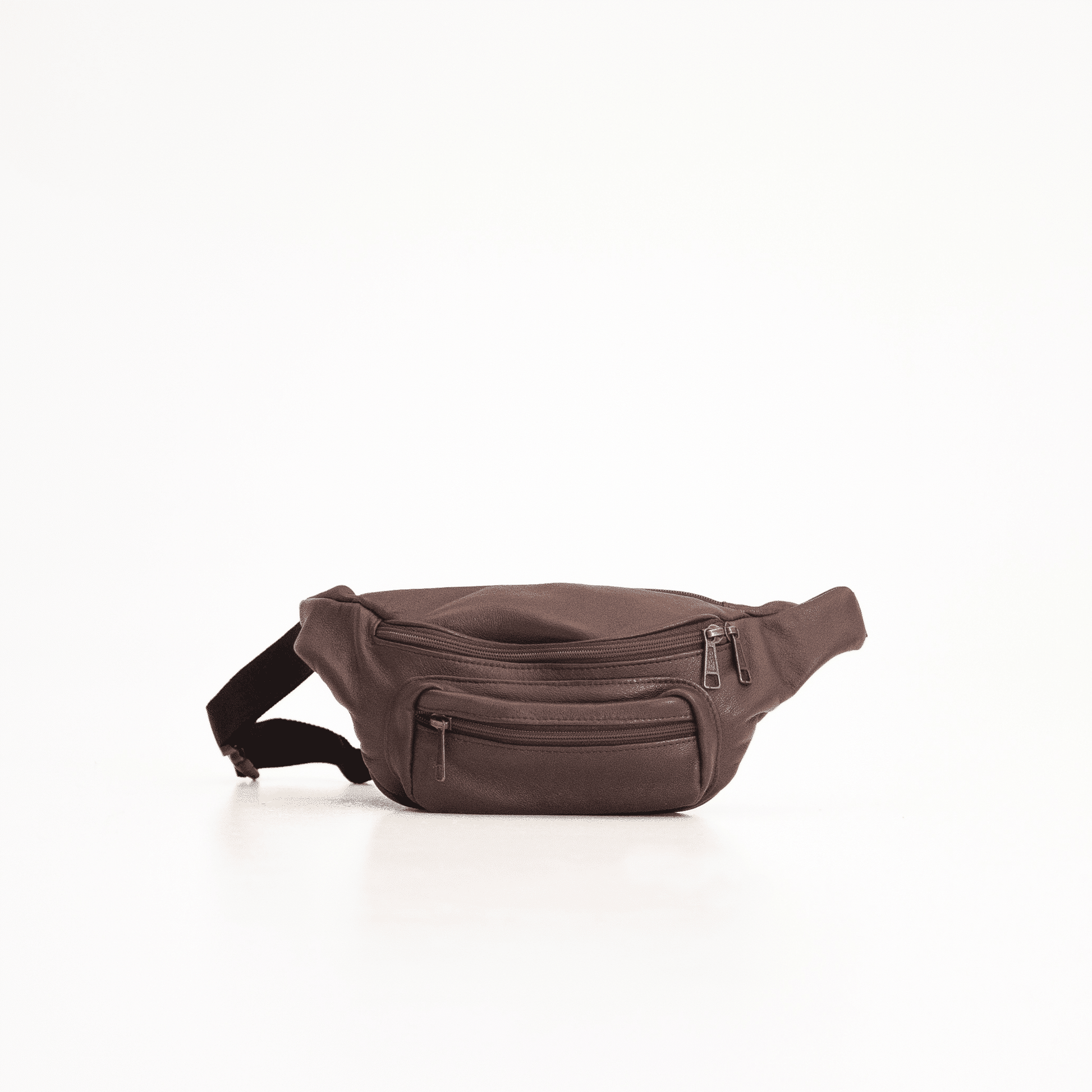 Leather Bum Bag - Brown: A close-up of a brown bag with a zipper, perfect for hands-free convenience and secure storage.