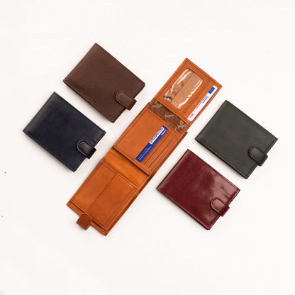 Leather Wallet with Close Button - 3 Compartments, showcasing skilled European craftsmanship. Features bill compartments, coin pocket, card slots, additional pockets, and ID window. Genuine leather in sophisticated colors. Dimensions: 12 cm x 9.5 cm. Designed with care in Europe.