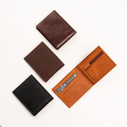 Leather Wallet - With Coin Zipper, showcasing a variety of wallets in different sizes. Features cash pocket, zippered coin pocket, 3 card slots, and 2 additional pockets. Crafted from high-quality natural leather. Functional and stylish accessory from Men In Style.