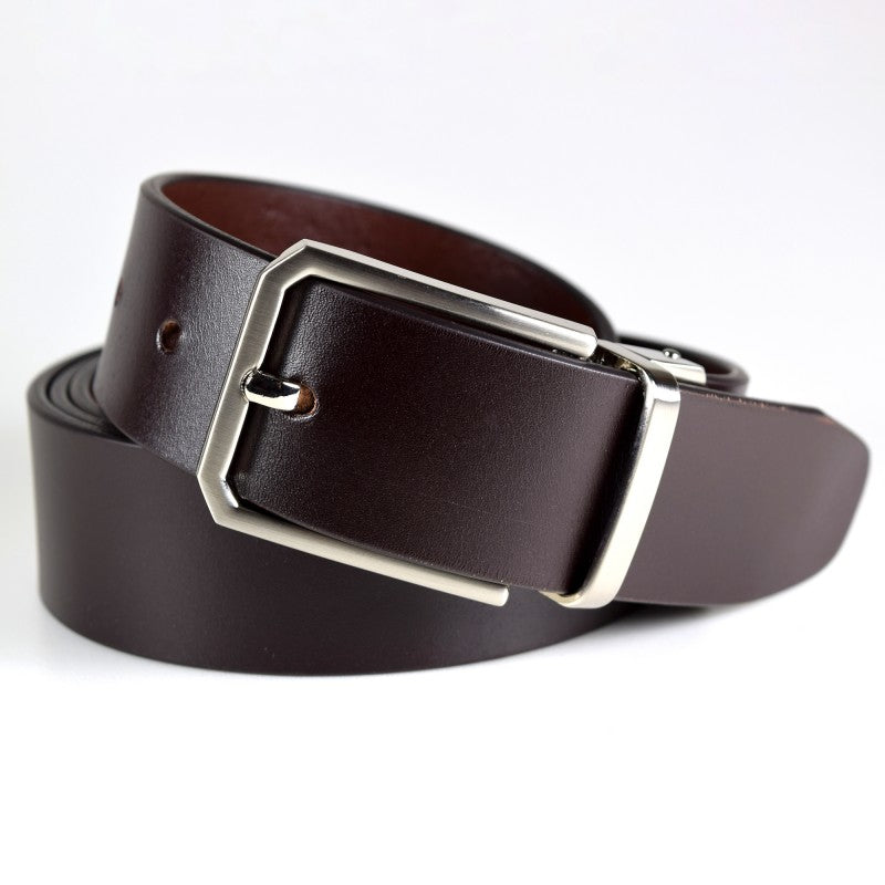 Men's Leather Belt - Brushed Nickel Buckle, featuring a high-quality full-grain leather strap with an adjustable brushed nickel buckle, ideal for stylish men's accessories.