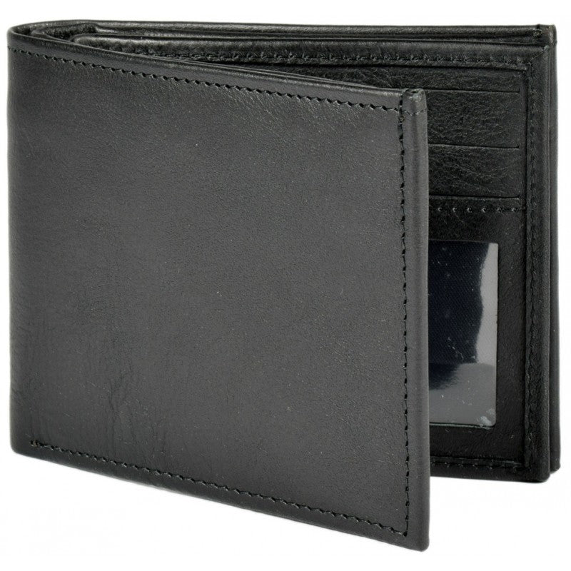 Men's Leather Wallet - With Coin Zipper: A black leather wallet with 10 card slots, a coin pocket with a zipper, and 2 cash compartments. Made from natural leather in Europe. Dimensions: 11 cm x 9 cm.