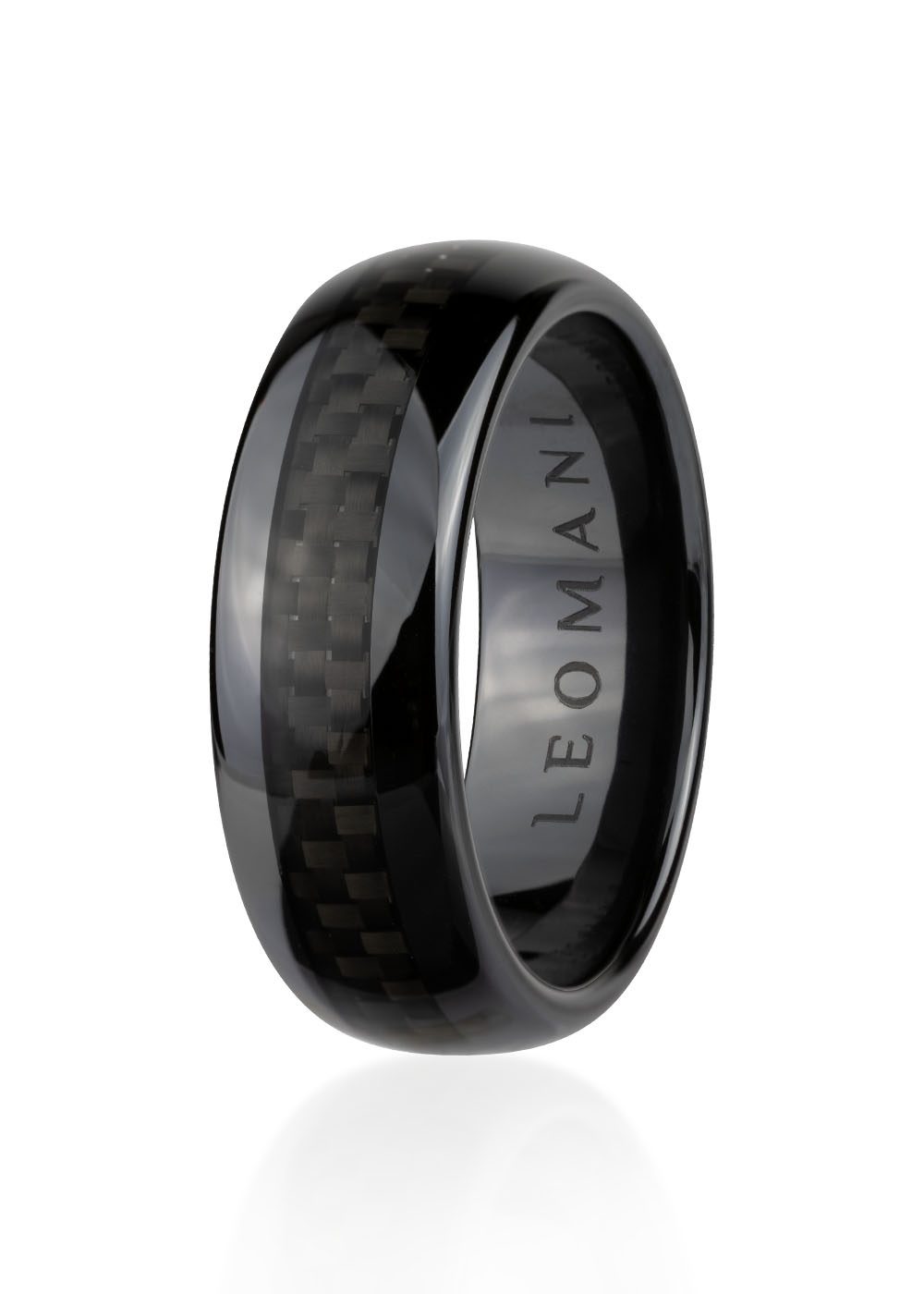 Men’s Ring Sher, a sleek black ceramic ring, features a carbon fiber band, exemplifying modern design and durability for the stylish gentleman.