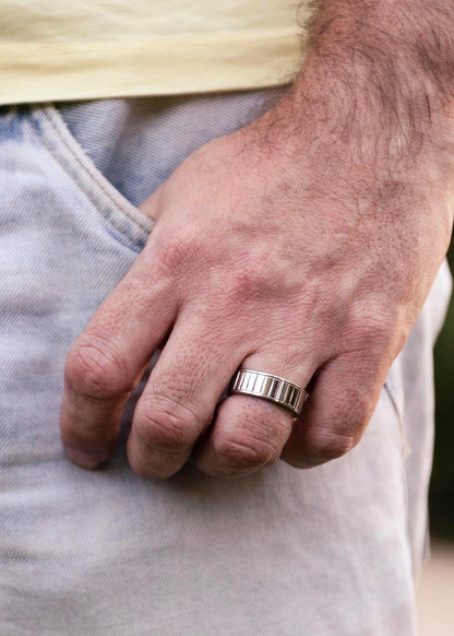 A close-up of a hand with the Intare men's ring, a minimalistic stainless steel accessory that blends durability and timeless style.