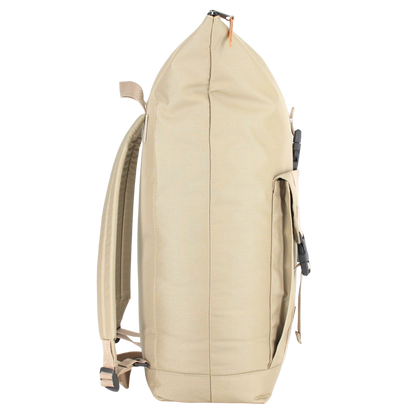 A tan waterproof backpack with straps, featuring a close-up of a zipper and fabric. Versatile for city commutes, weekend getaways, or short hiking trips. 25L Waterproof Backpack - Beige.
