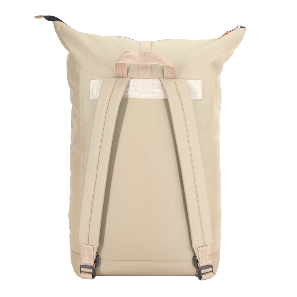 25L Waterproof Backpack - Beige: A durable Cordura backpack with waterproof design for urban style and rugged use. Padded laptop pocket, multiple interior pockets, and large front pocket for organized storage. Versatile for work, outdoor adventures, or gym. Handcrafted with European craftsmanship. 15 x 30 x 59 cm, 25 liters.