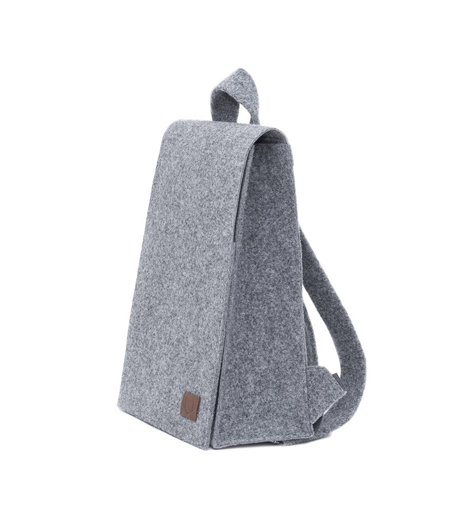 Backpack - Grey: A minimalist, lightweight backpack with a brown patch. Features a laptop pocket, adjustable straps, and weatherproof design.