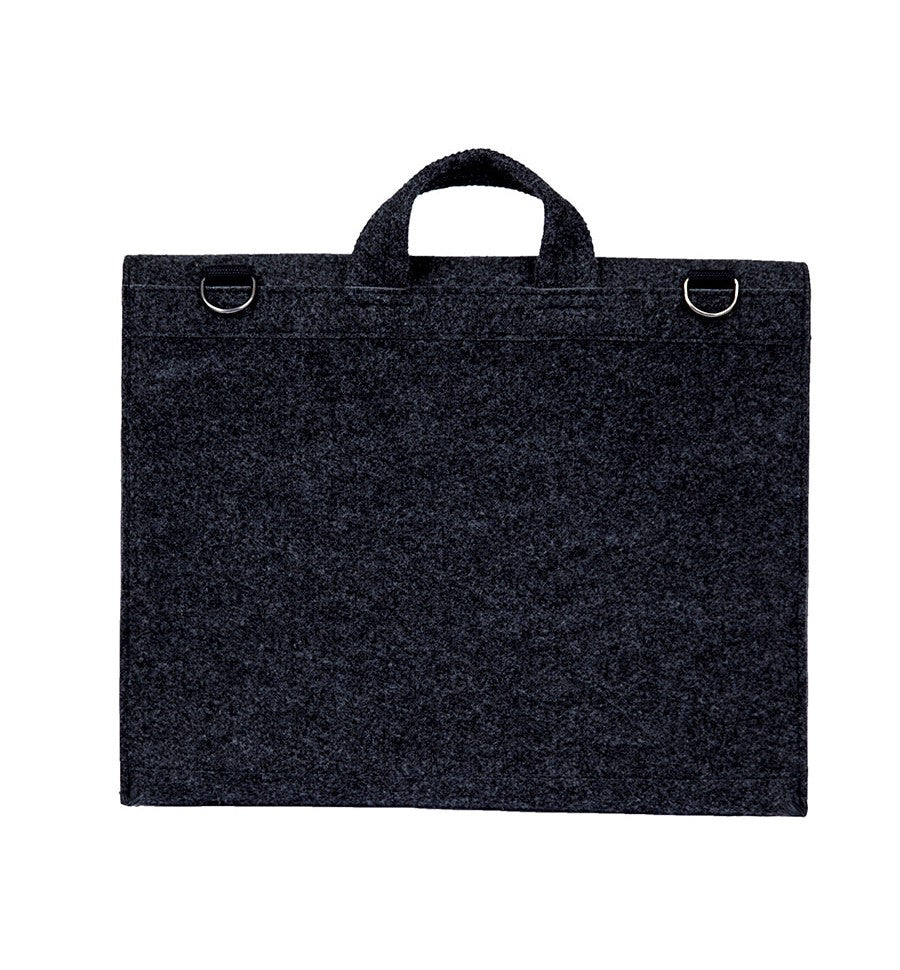 A sleek black briefcase with metal rings, designed for a 15" laptop. Crafted with recycled PET felt for eco-conscious professionals.