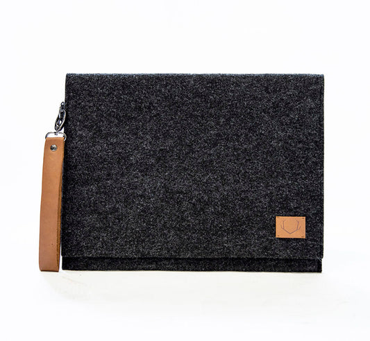 A black and grey rectangular document case or laptop bag with a brown strap, perfect for professionals on the go.