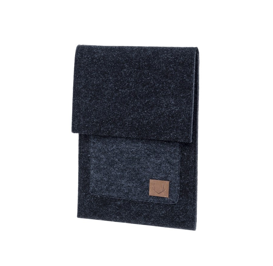 A slim fit envelope sleeve for Macbook Air & Pro - 13" Black, featuring a black and grey felted bag with a front pocket and main compartment for secure laptop storage. Crafted with simplicity and functionality in mind, this handmade sleeve offers a sleek style while keeping your laptop and accessories safe and secure.