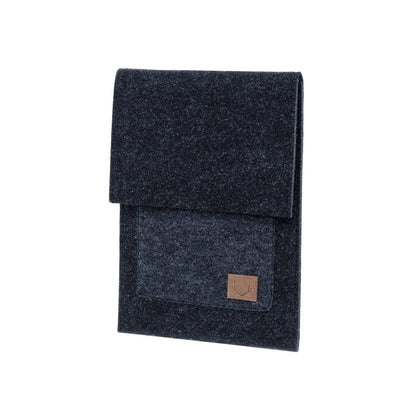 A slim fit envelope sleeve for Macbook Air & Pro - 13" Black, featuring a black and grey felted bag with a front pocket and main compartment for secure laptop storage. Crafted with simplicity and functionality in mind, this handmade sleeve offers a sleek style while keeping your laptop and accessories safe and secure.