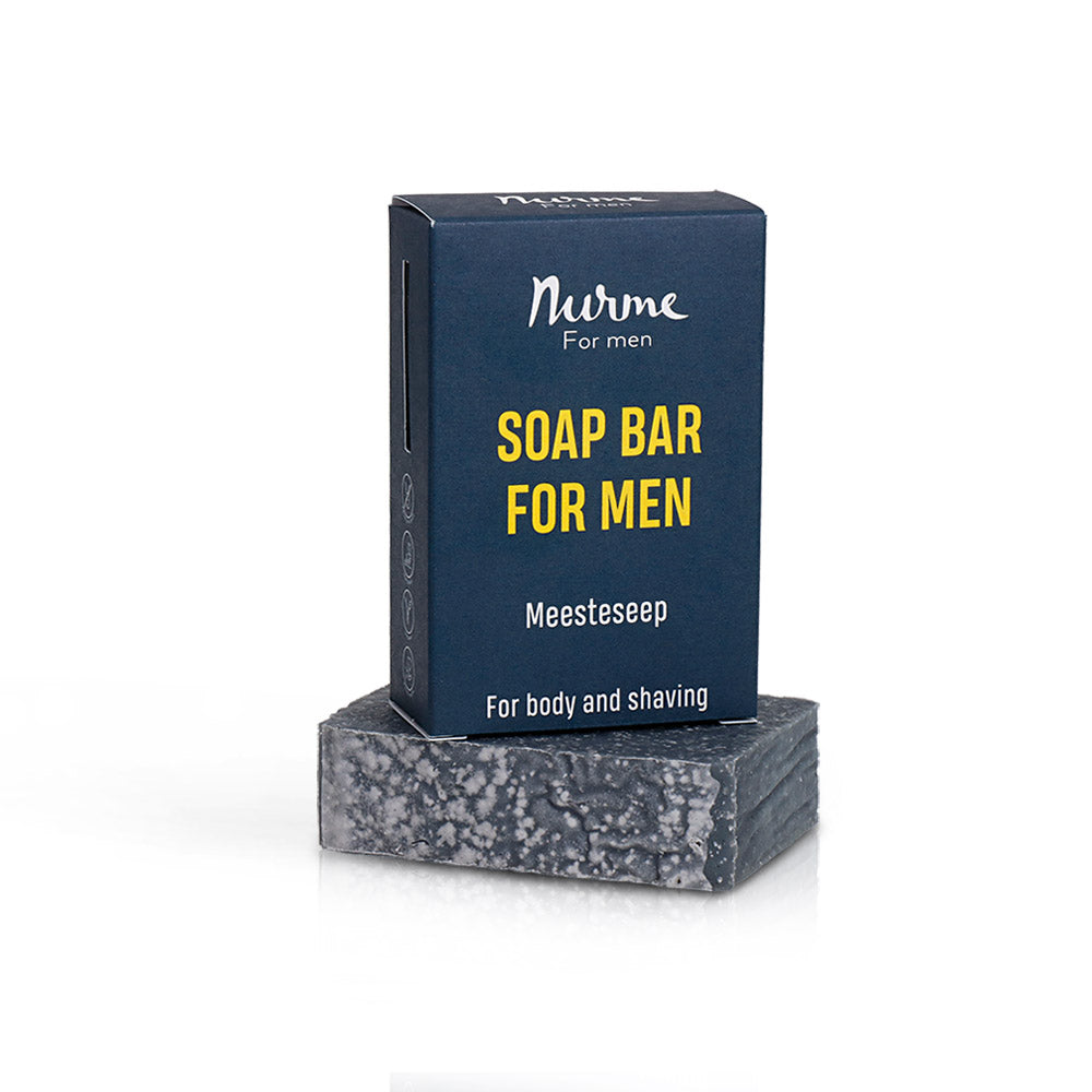 Natural Skincare Gift Set - For Men, featuring men’s soap, mint lip balm, and face cream, packaged in a blue box with yellow text.