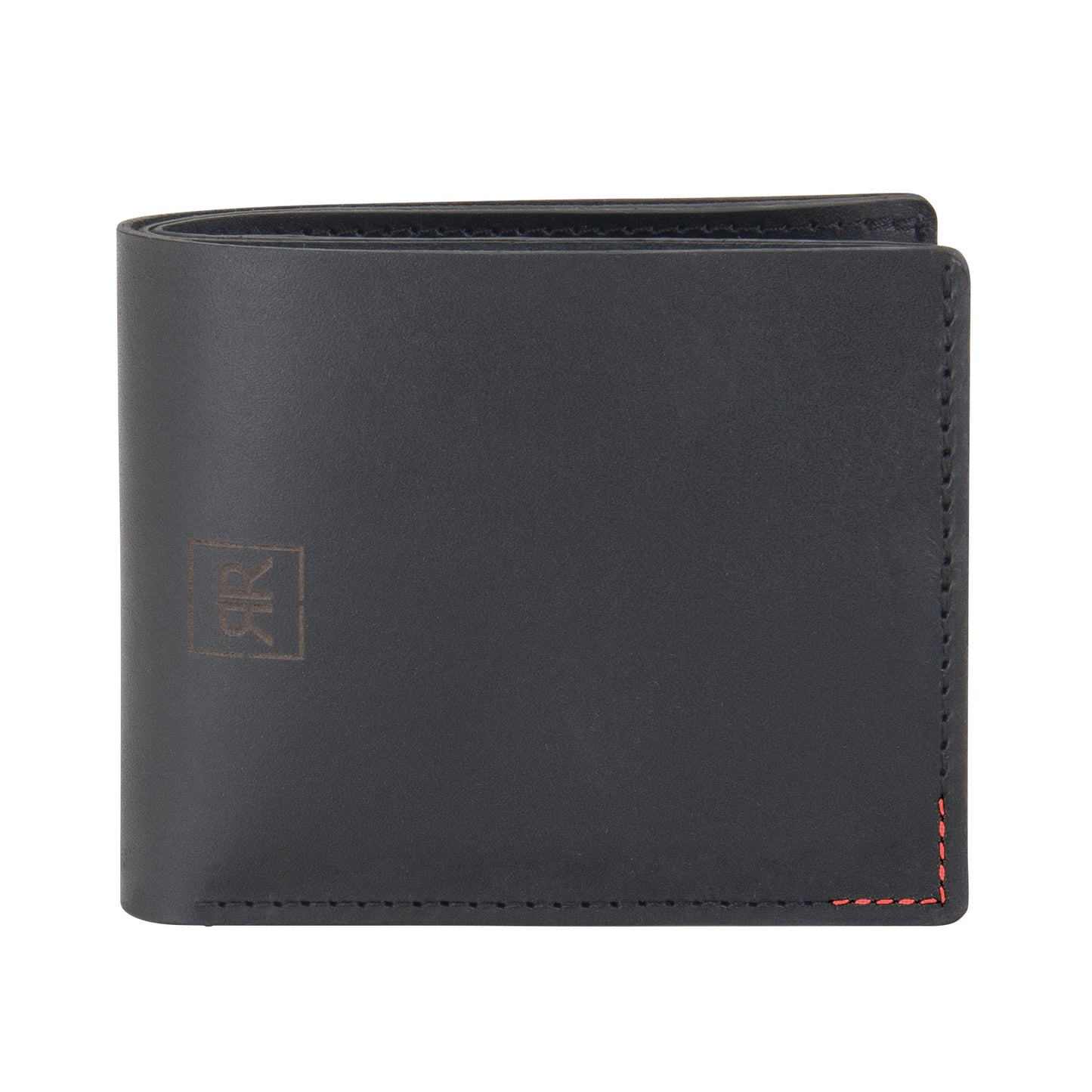 Genuine Leather Wallet with Coin Pouch - Black: Compact black wallet with red stitching, ample storage for cards, bills, and coins. RR logo and thread detail for sophisticated style.