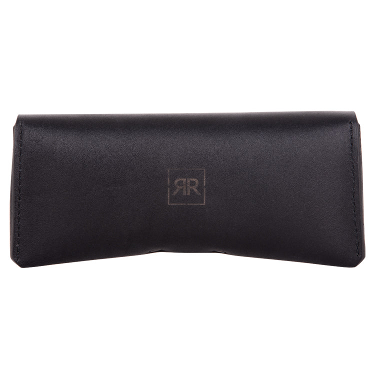 Leather Glasses Case with logo, crafted from genuine leather for durability. Secure button closure. Fits standard size eyewear. Dimensions: 16.5 x 8 x 4 cm.