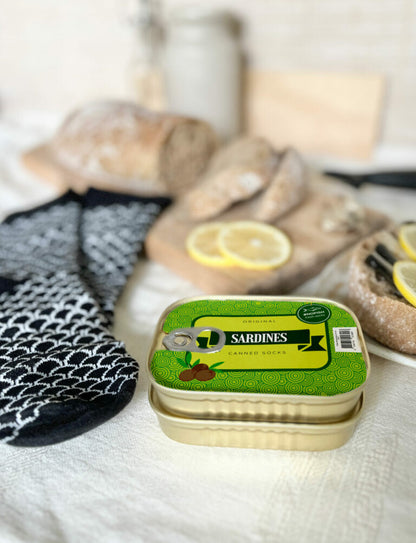 French Sardine Socks in a Can - size 35-46, displayed with a sardine can design, embodying a humorous twist on traditional men's accessories.