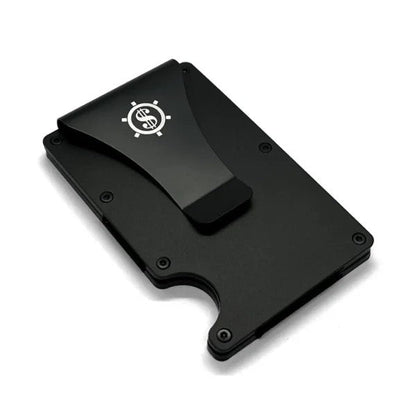 Aluminum Card Holder with RFID Blocking features a sleek, black design with a money clip, holding up to 12 cards securely.