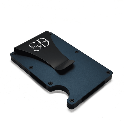 Aluminum Card Holder with RFID Blocking - Blue, featuring a sleek, durable aluminum design with a black clip for secure card storage.