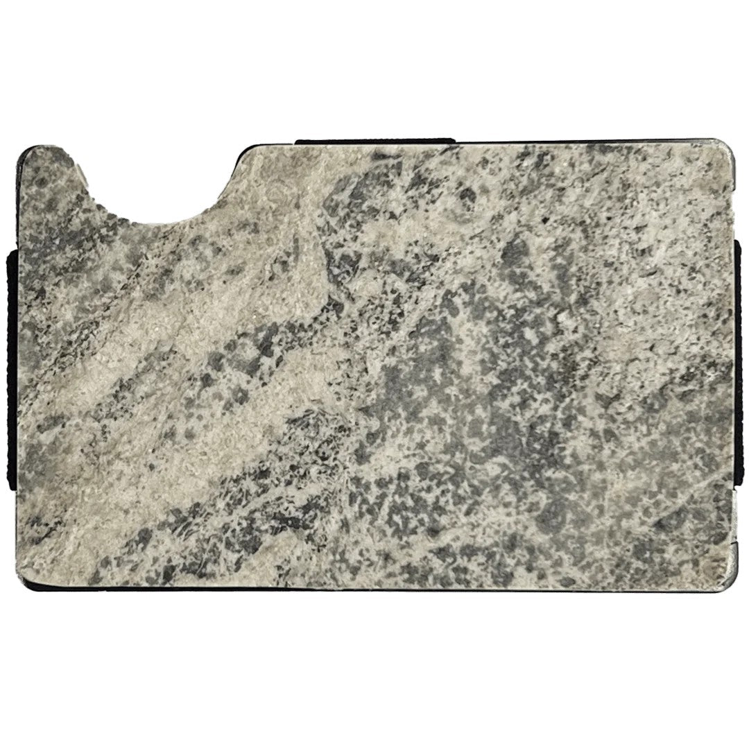 Marble cardholder with black strap, showcasing a close-up of a stone. Holds up to 12 cards, offers RFID blocking, and eco-friendly packaging.