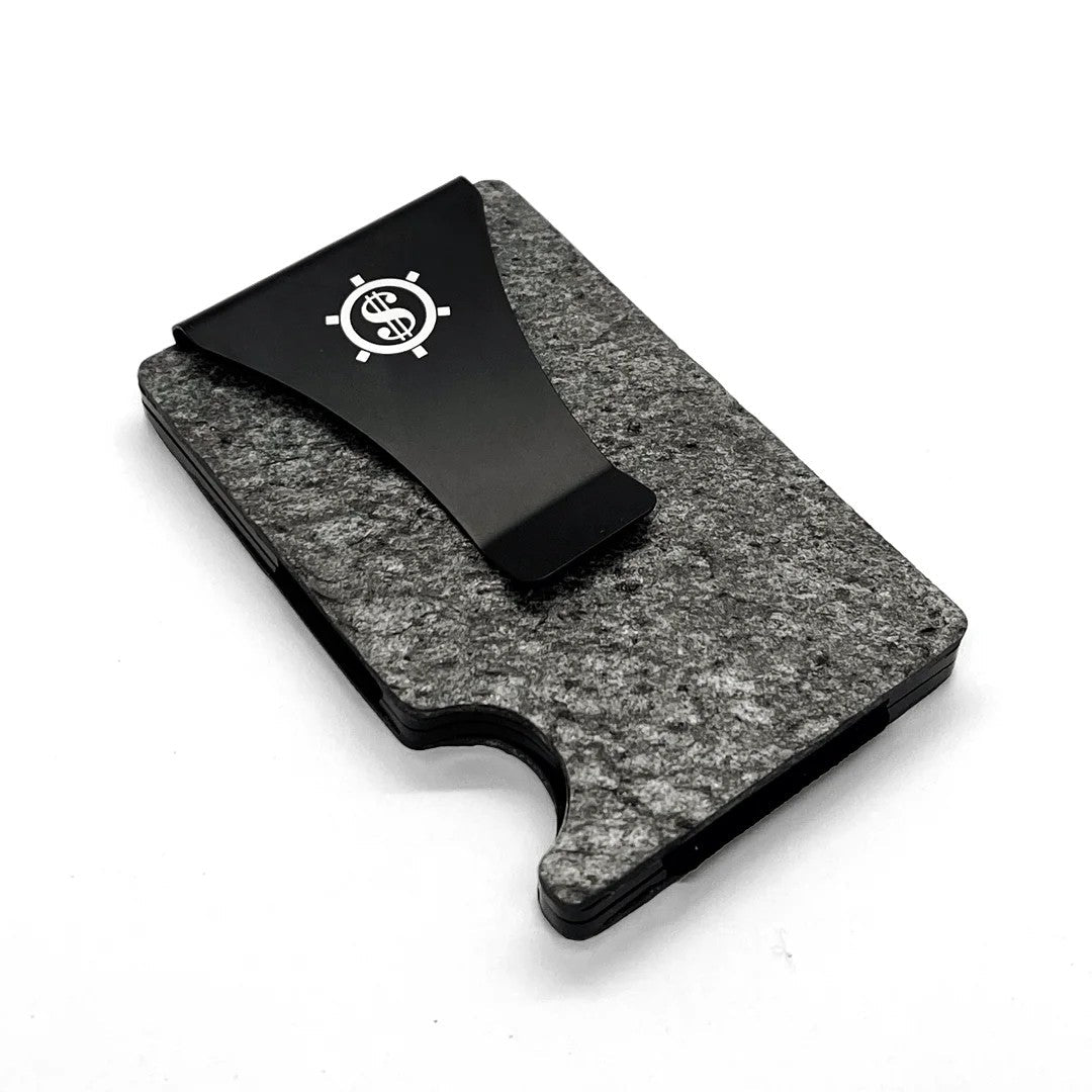 A black plastic money clip attached to a slate card holder with RFID blocking technology - Dark Birch.