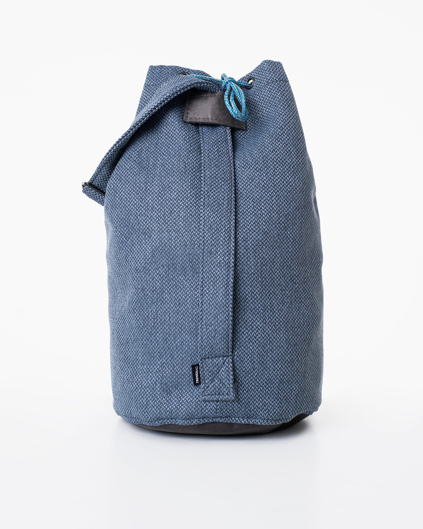 Upcycled bag - Blue, made from durable leftover fabric. Features faux leather bottom and strap details. Handmade in Europe, eco-friendly and unique.