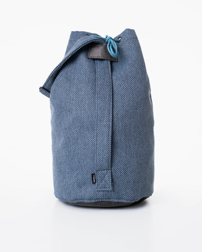 Upcycled bag - Blue, made from durable leftover fabric. Features faux leather bottom and strap details. Handmade in Europe, eco-friendly and unique.