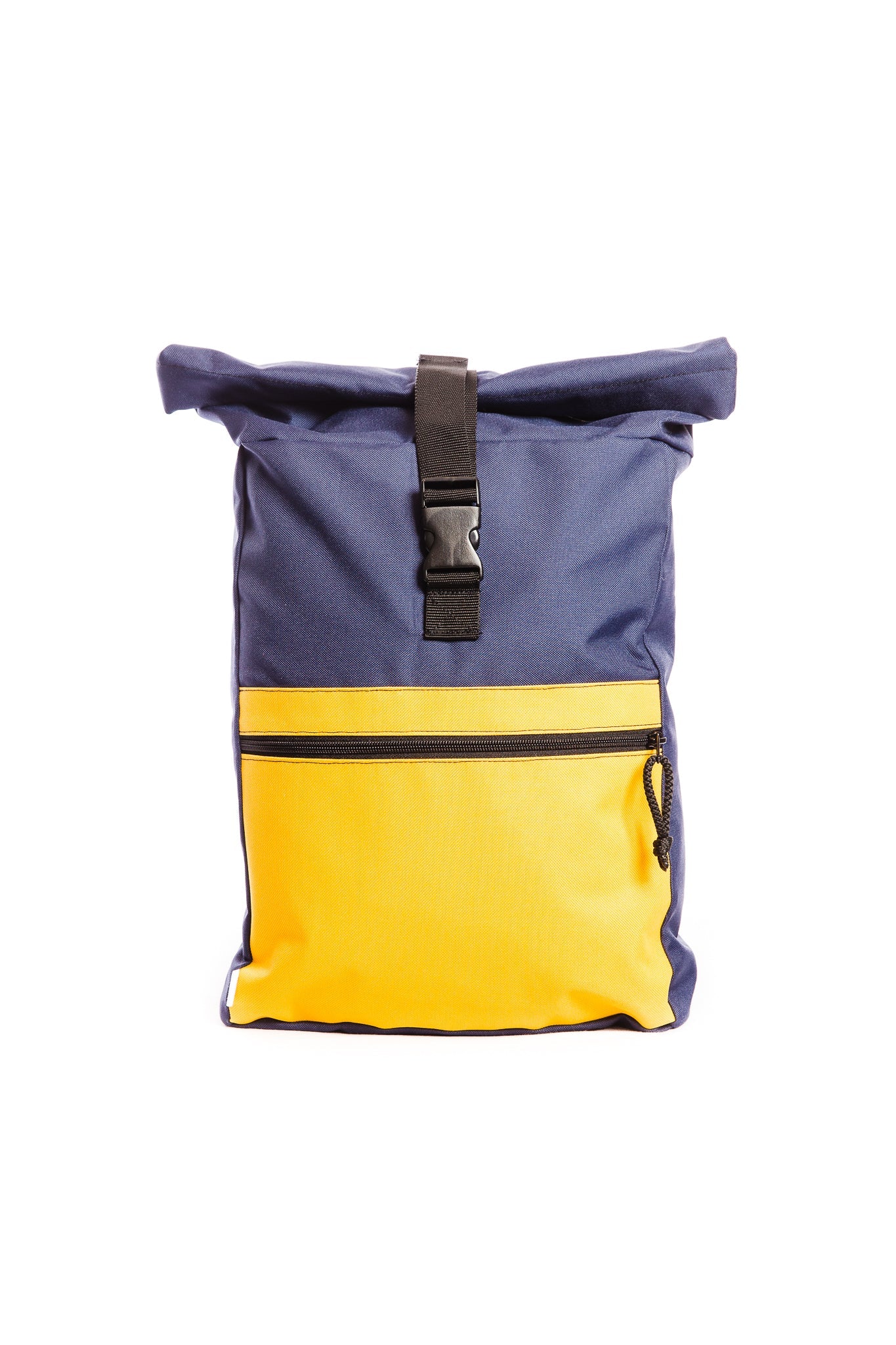 Waterproof Backpack with blue and yellow design, multiple compartments, laptop space, adjustable straps, and water-resistant fabric.