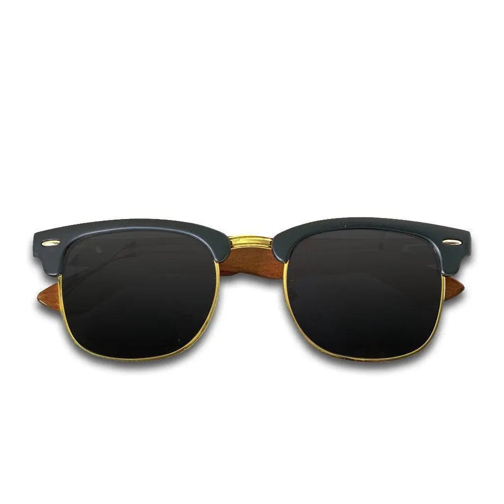 Eyewood Clubmaster - Adrian: Handmade wooden sunglasses with black lenses, stainless steel hinges. UV400 polarized protection.