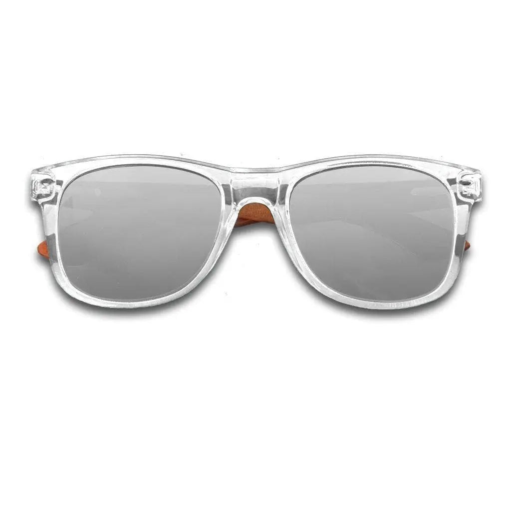 Eyewood Wayfarer - Crystal: Handmade wooden sunglasses with polarized UV400 lenses, silver mirror finish, and stainless steel hinges. Lightweight and unique, inspired by Mother Earth.