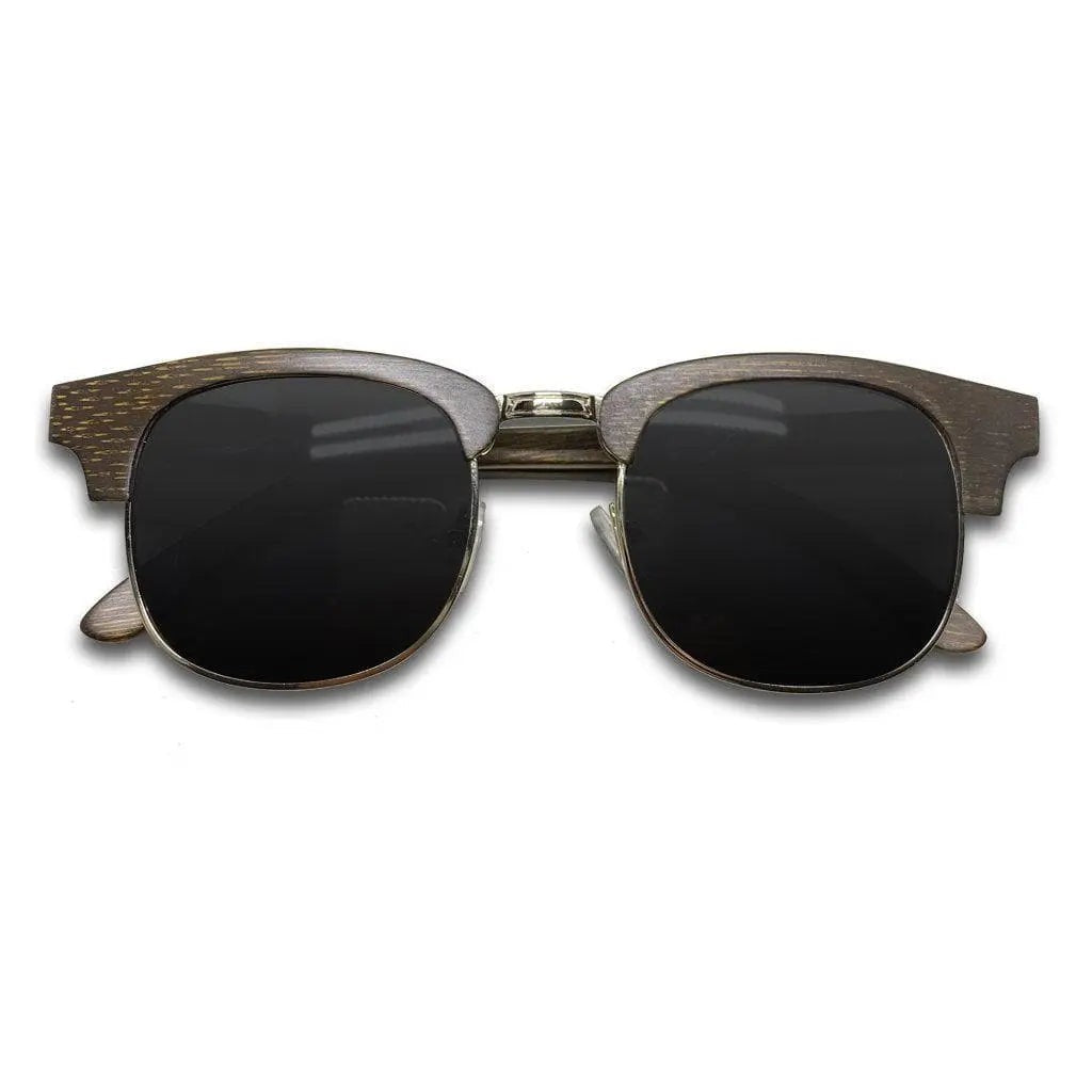 Eyewood Full Wood Clubmaster - Skyler: Handmade wooden sunglasses with black lenses, polarized UV400 protection, stainless steel hinges. Natural comfort and design.