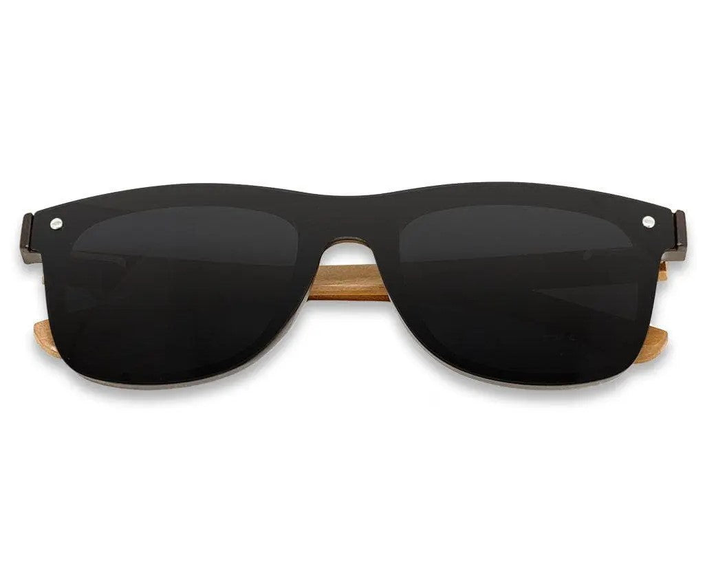 A pair of Eyewood Tomorrow - Taurus wooden sunglasses with black lenses, handmade for a natural feeling of comfort and design. UV400 polarized lenses, stainless steel hinges. L: 150 mm, W: 149 mm, H: 48 mm. Weight: 23 g.