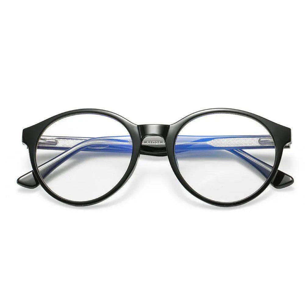 Nexus Tron blue-light glasses, a black and blue eyewear with round frames and extendable hinges. Ideal for work, gaming, and outdoor activities.