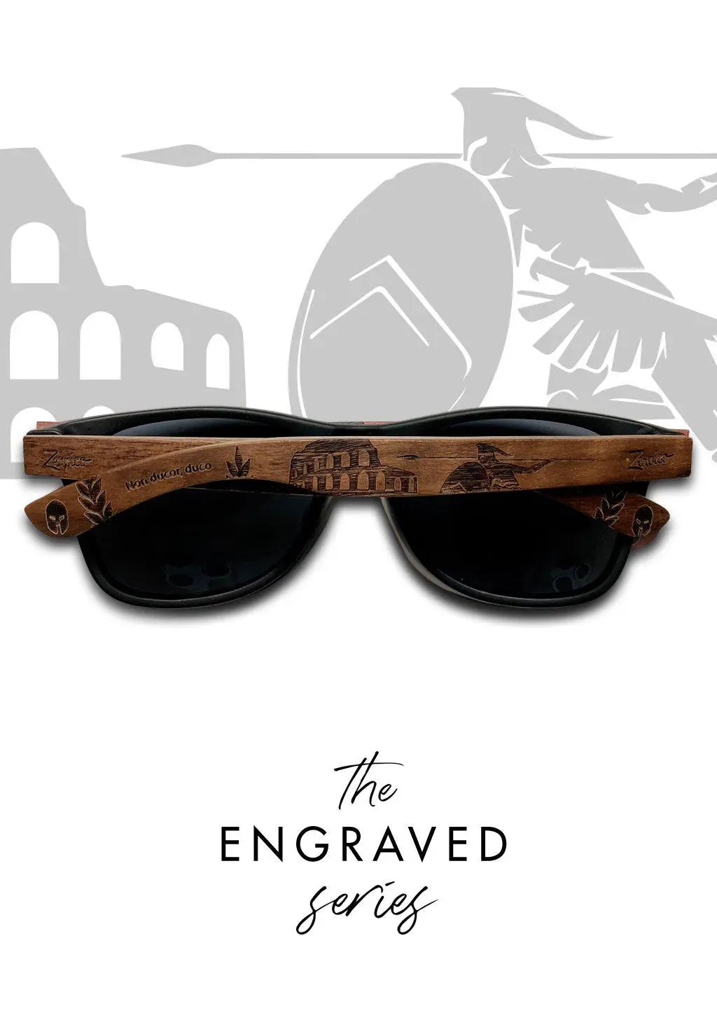 Eyewood | Engraved wooden sunglasses - Gladiator: Handmade wayfarer sunglasses with ancient Roman patterns, polarized black lenses, and rosewood temples. 100% UVA/UVB protection.