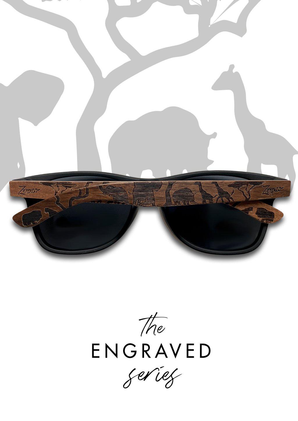 Eyewood engraved wooden sunglasses - Safari: Handmade wayfarer style with African savanna patterns, polarized black lenses, stainless steel hinges. 145mm x 145mm x 47mm, 22g.