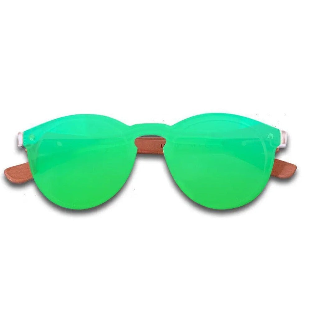 Eyewood Tomorrow - Aries sunglasses: Handmade green lenses with rosewood and plastic frames. Polarized UV400 protection, stainless steel hinges. 150mm L, 139mm W, 47mm H, 23g. Includes empress tree case, microfiber pouch, and polishing cloth.