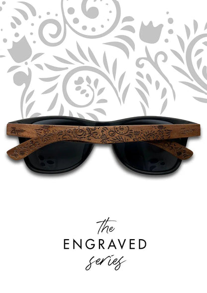 Eyewood engraved wooden sunglasses - Oasis, a pair of rosewood sunglasses with a custom flower pattern. Handmade, polarized lenses, stainless steel hinges.